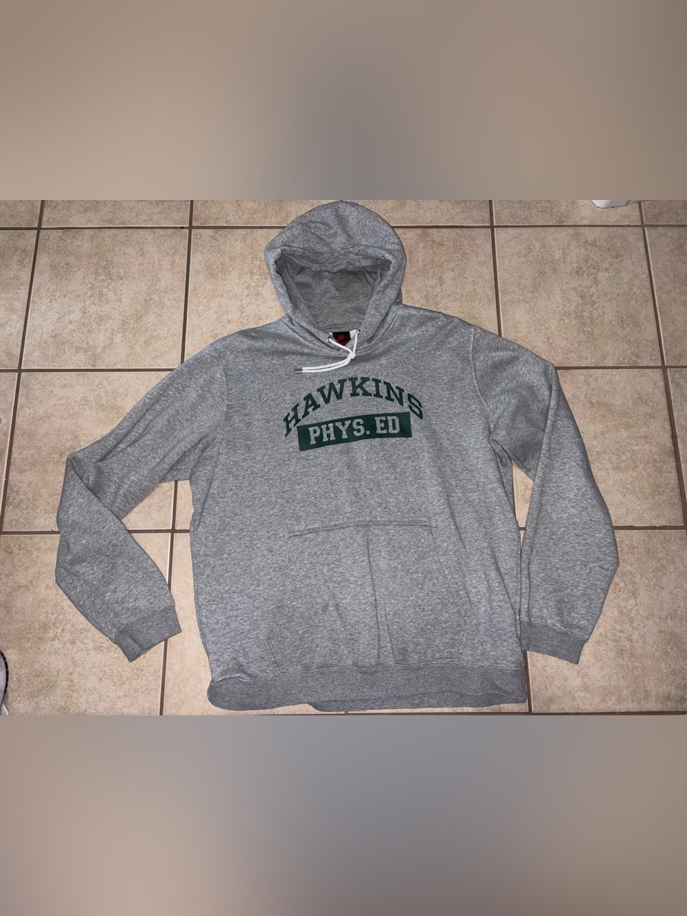 Nike stranger things Gray Hooded Sweatshirt with Dark Green Lettering